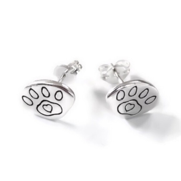 Paw Print 925 Silver Stud Earrings - Picture 2 of 7